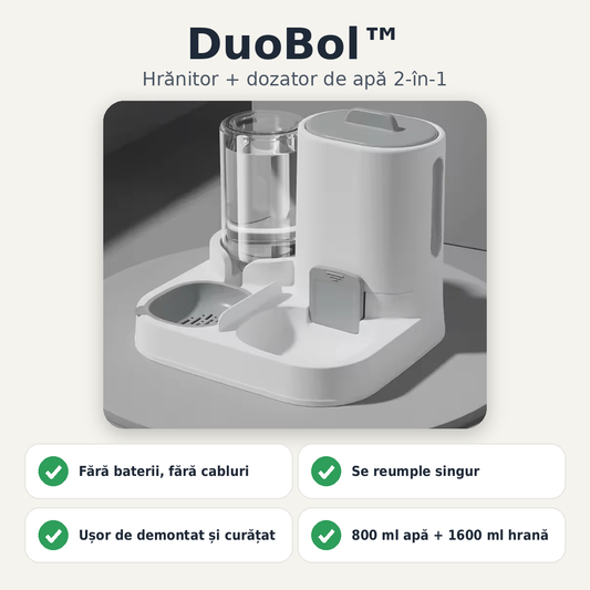 DuoBol™ 2.0 – Hrănitor și dozator de apă 2-în-1 pentru câini și pisici